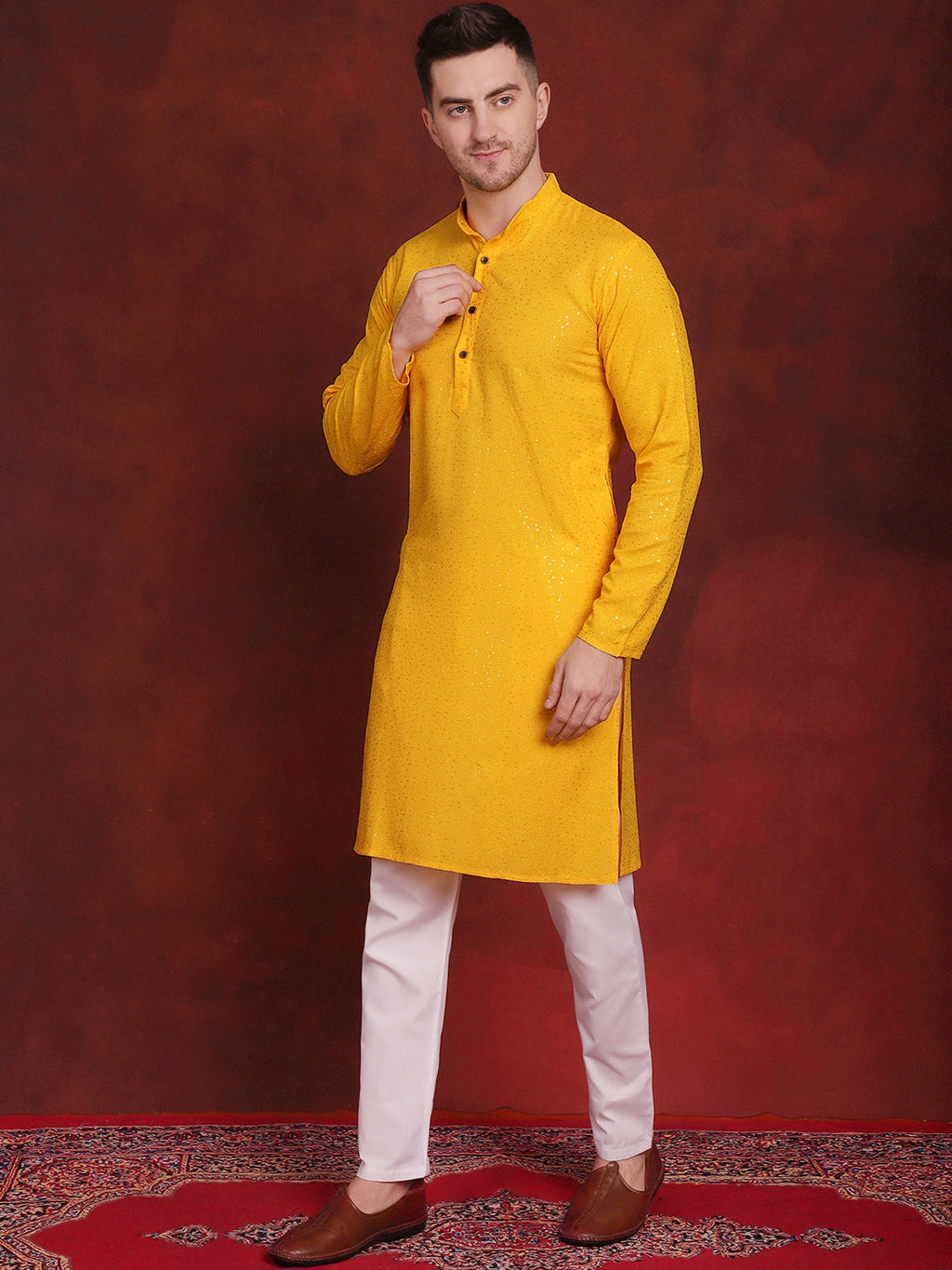 Jompers Men's Sequins Chikankari Kurta with Pyjama - Yellow | Grocsy
