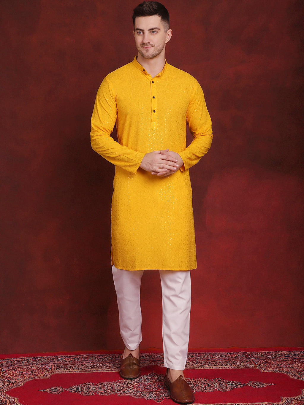 Jompers Men's Sequins Chikankari Kurta with Pyjama - Yellow | Grocsy
