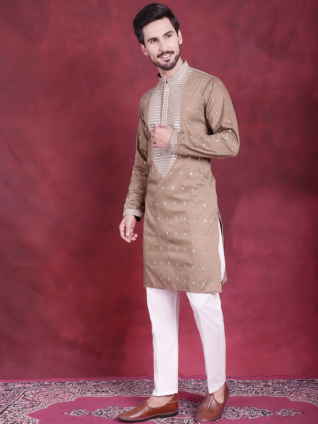 Jompers Men's Sequins Embroidered Kurta Pyjama Set - Beige | Grocsy