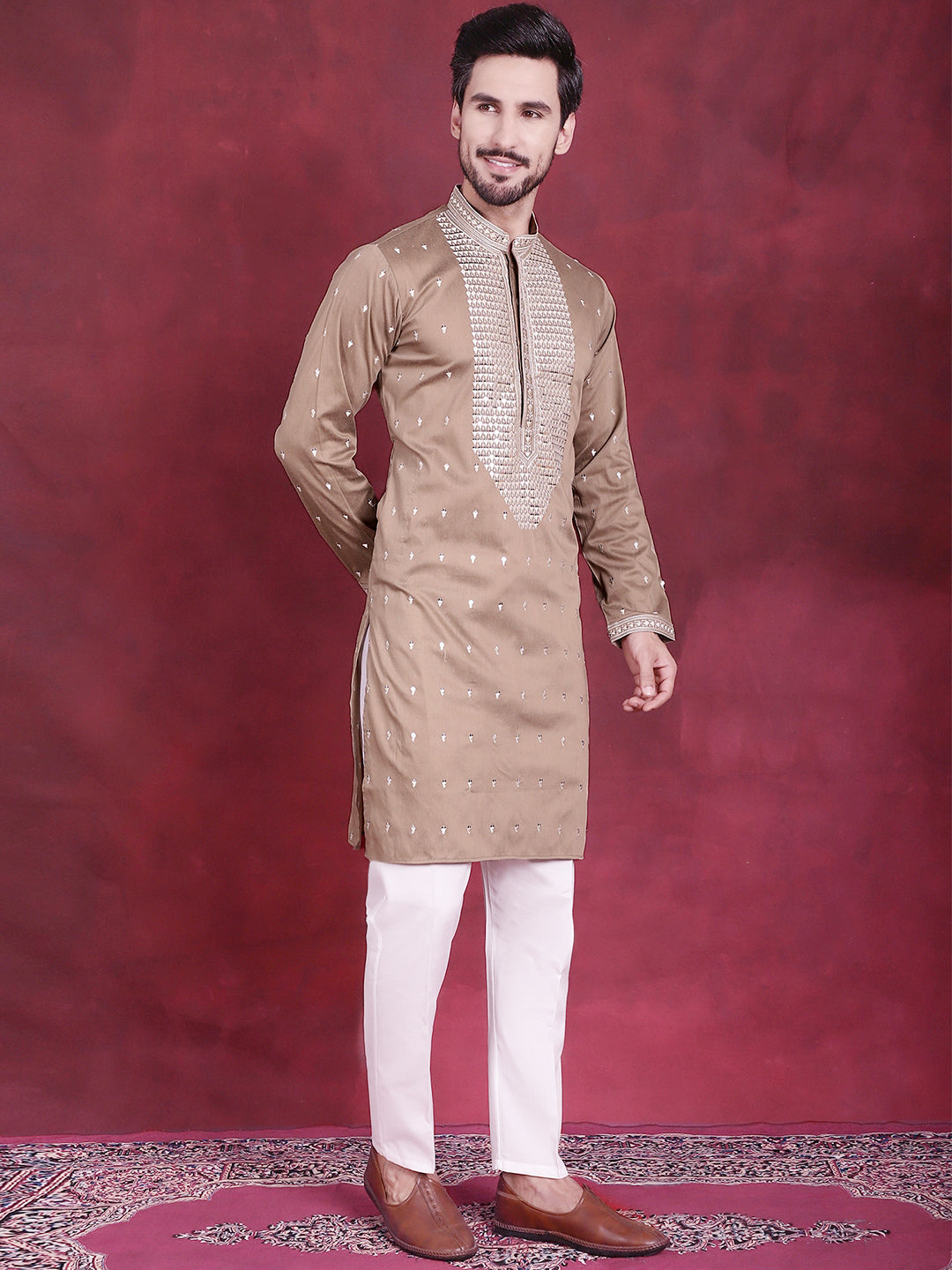 Jompers Men's Sequins Embroidered Kurta Pyjama Set - Beige | Grocsy