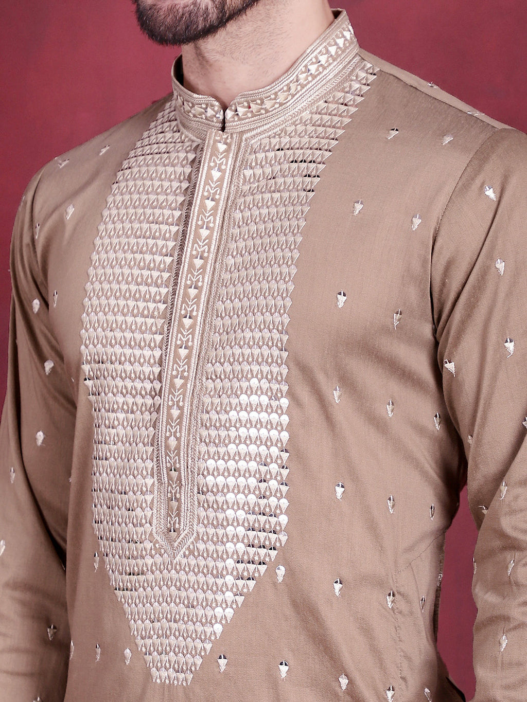 Jompers Men's Sequins Embroidered Kurta Pyjama Set - Beige | Grocsy