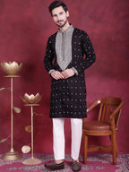 Jompers Men's Sequins Embroidered Kurta Pyjama Set - Black | Grocsy