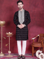 Jompers Men's Sequins Embroidered Kurta Pyjama Set - Black | Grocsy