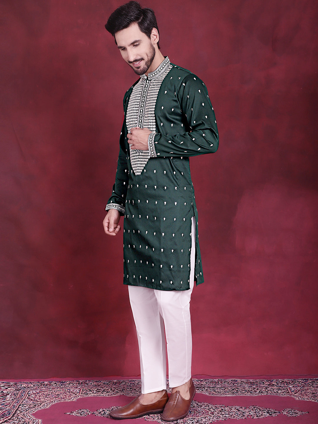 Jompers Men's Sequins Embroidered Kurta Pyjama Set - Olive | Grocsy