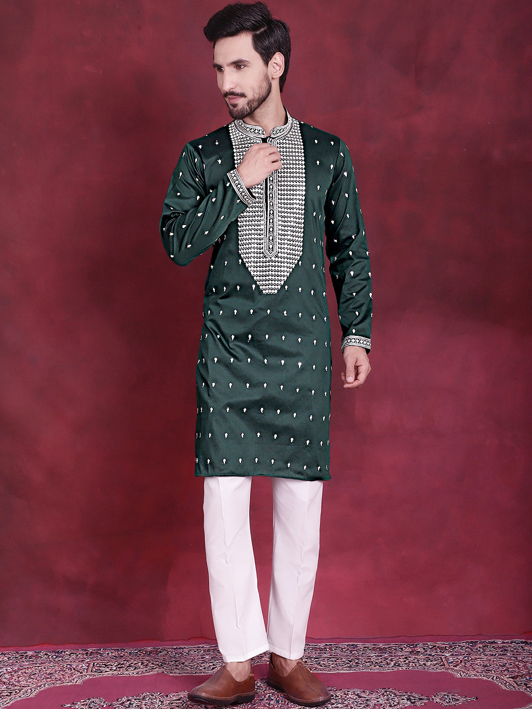 Jompers Men's Sequins Embroidered Kurta Pyjama Set - Olive | Grocsy