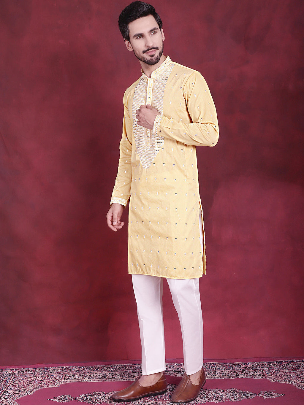 Jompers Men's Sequins Embroidered Kurta Pyjama Set - Yellow | Grocsy