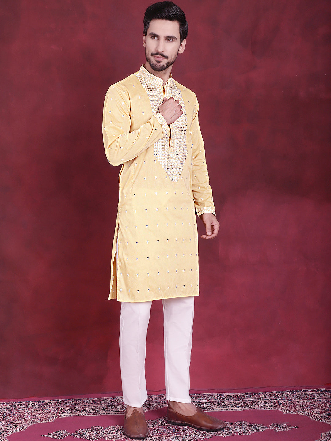 Jompers Men's Sequins Embroidered Kurta Pyjama Set - Yellow | Grocsy