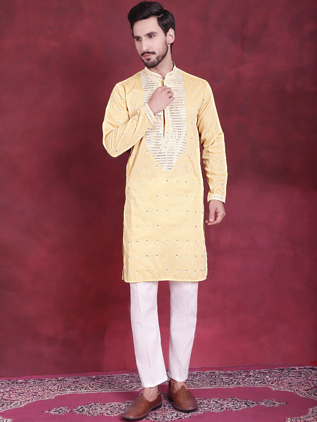 Jompers Men's Sequins Embroidered Kurta Pyjama Set - Yellow | Grocsy