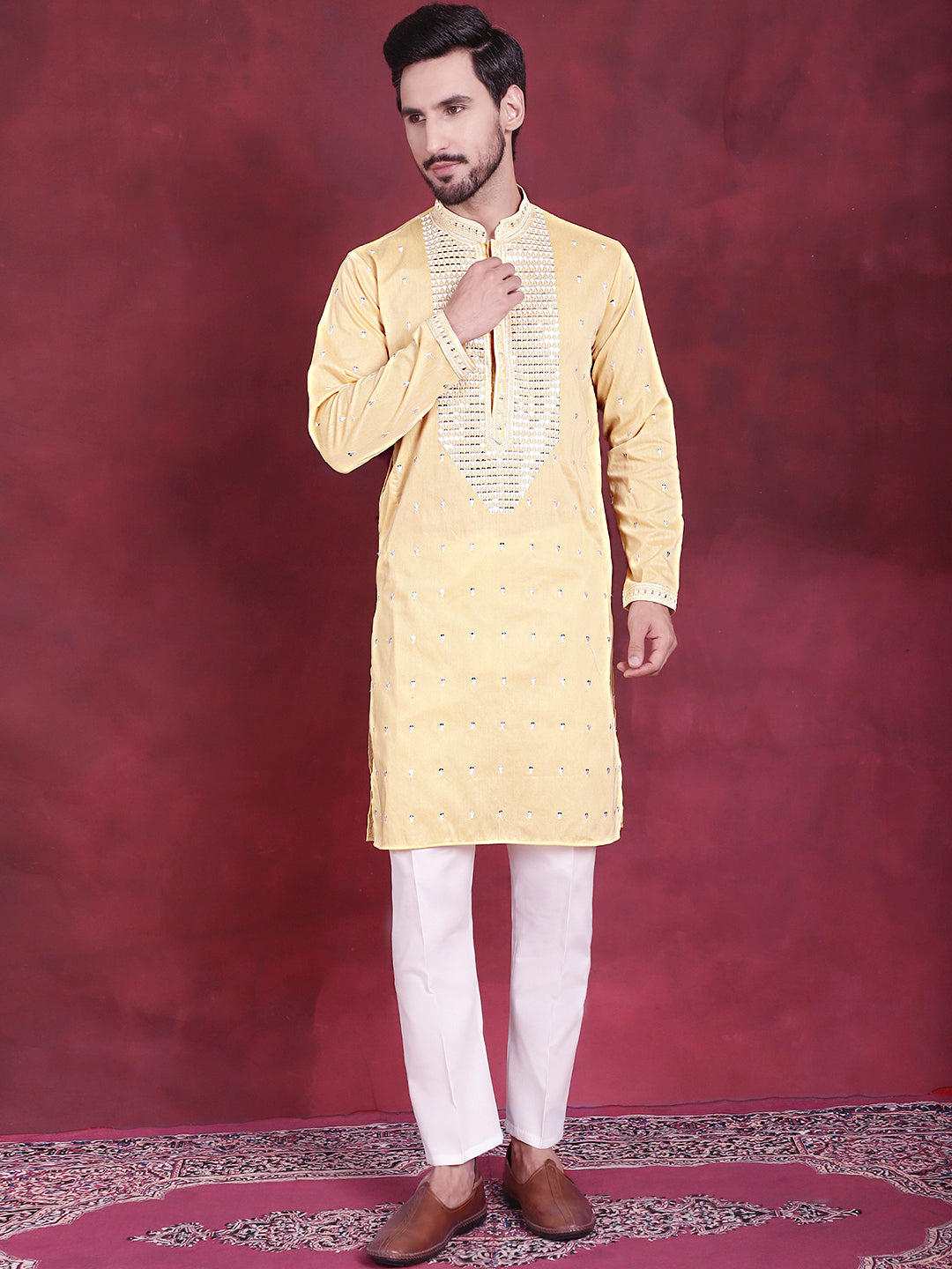 Jompers Men's Sequins Embroidered Kurta Pyjama Set - Yellow | Grocsy
