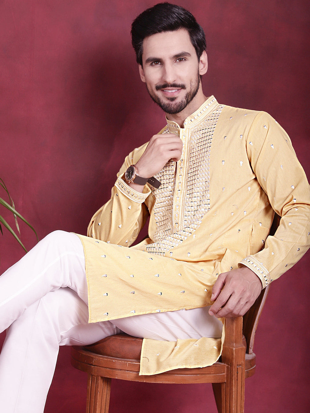 Jompers Men's Sequins Embroidered Kurta Pyjama Set - Yellow | Grocsy