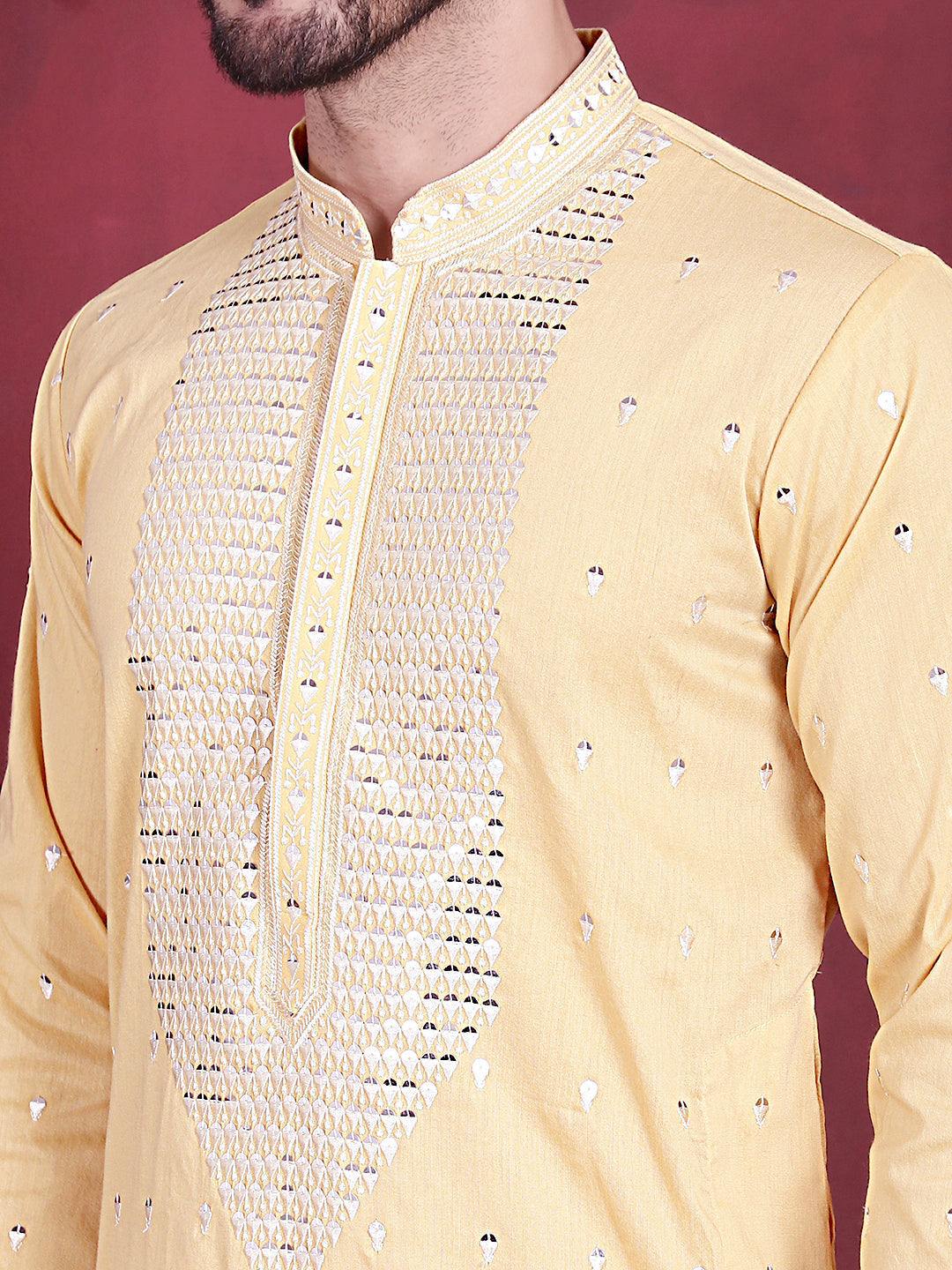 Jompers Men's Sequins Embroidered Kurta Pyjama Set - Yellow | Grocsy