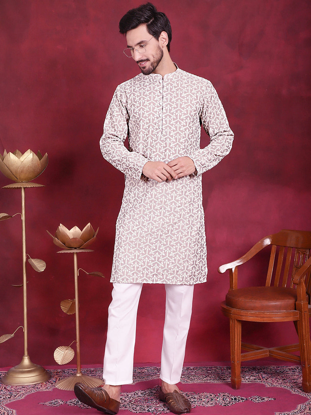 Jompers Men's Chikankari Embroidered Kurta Pyjama Set - Grey | Grocsy