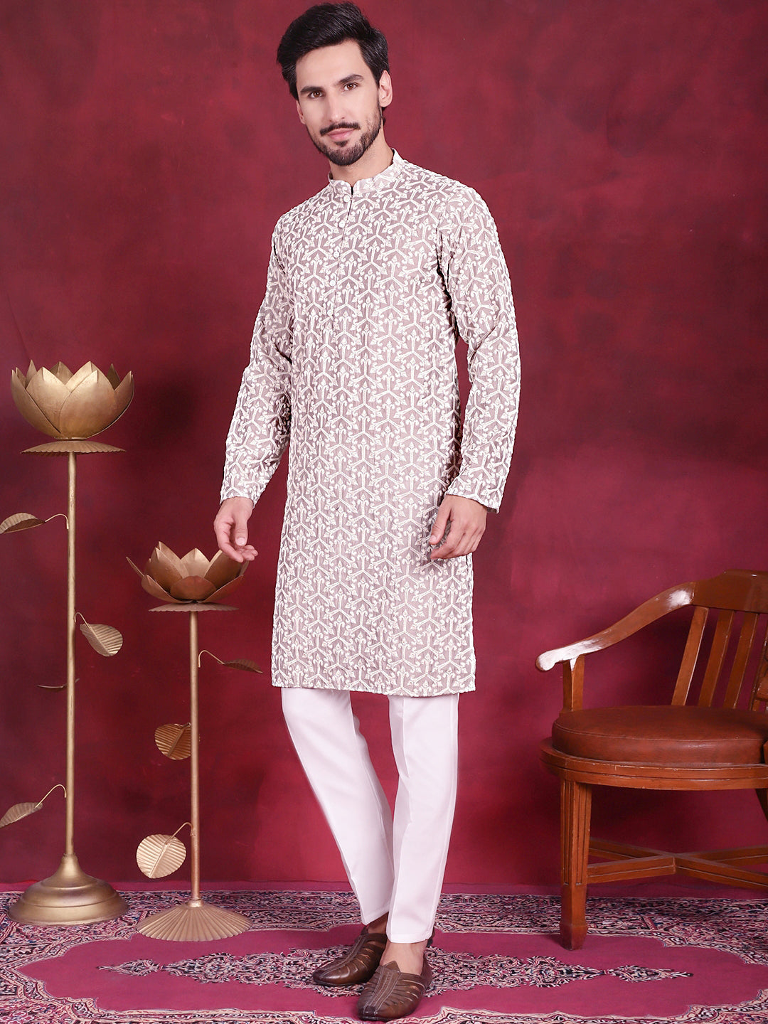 Jompers Men's Chikankari Embroidered Kurta Pyjama Set - Grey | Grocsy