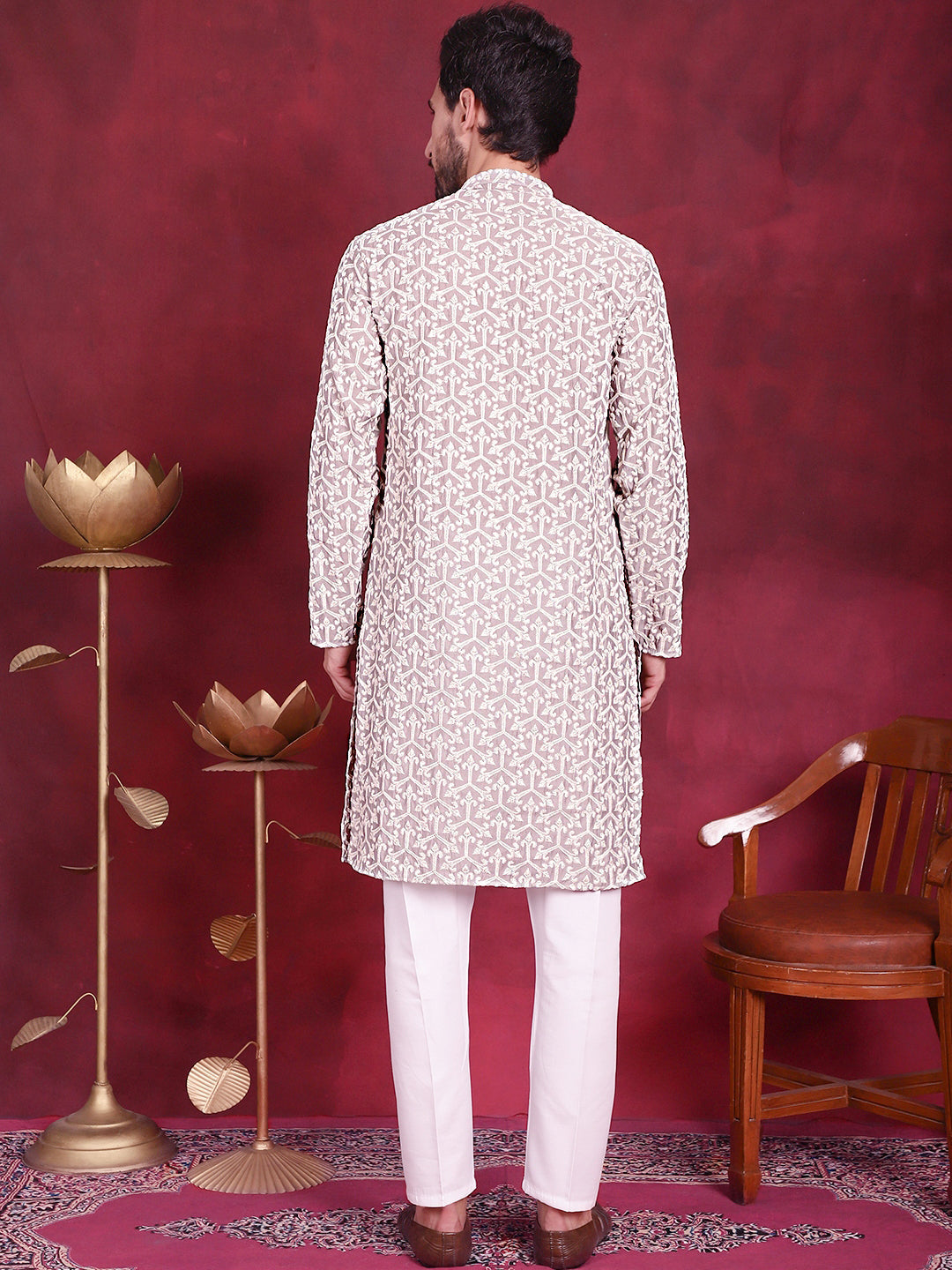 Jompers Men's Chikankari Embroidered Kurta Pyjama Set - Grey | Grocsy