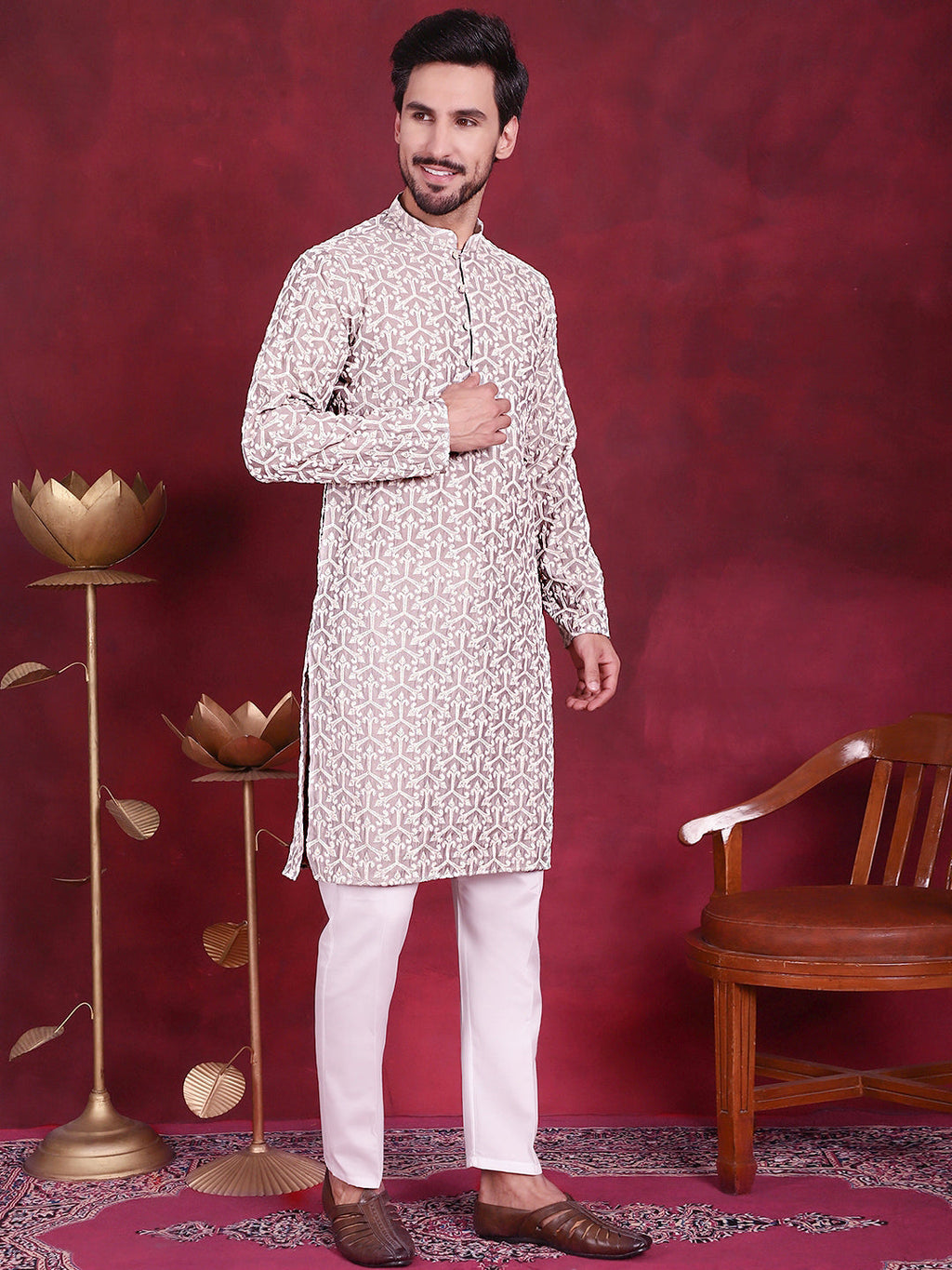 Jompers Men's Chikankari Embroidered Kurta Pyjama Set - Grey | Grocsy