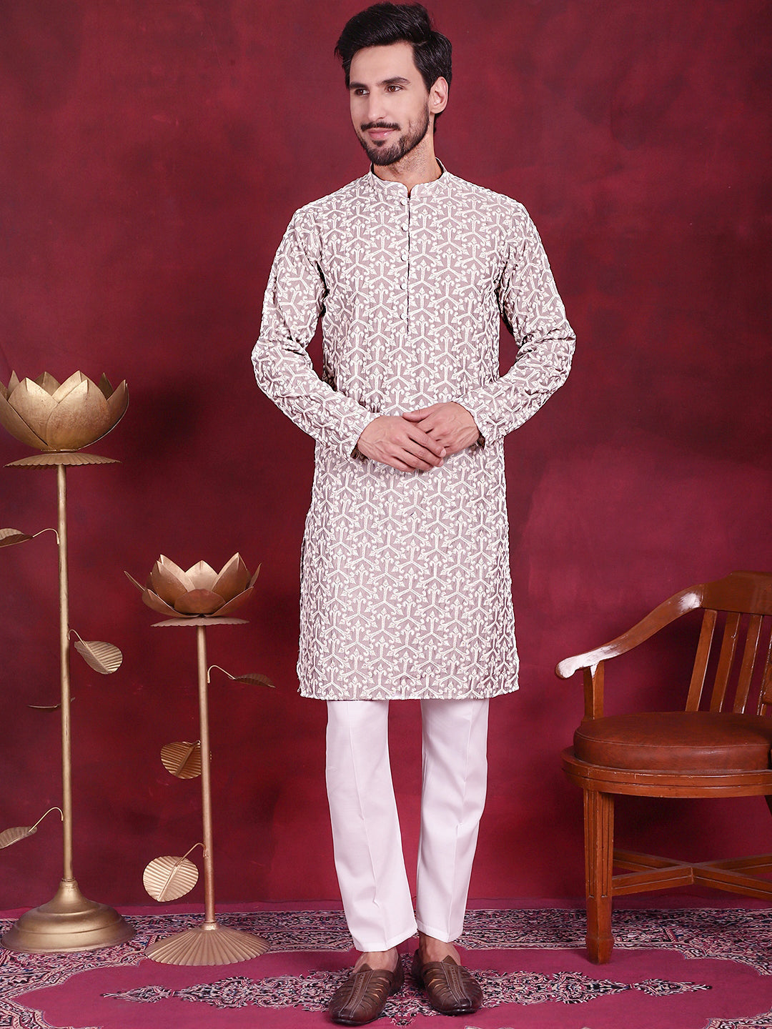Jompers Men's Chikankari Embroidered Kurta Pyjama Set - Grey | Grocsy