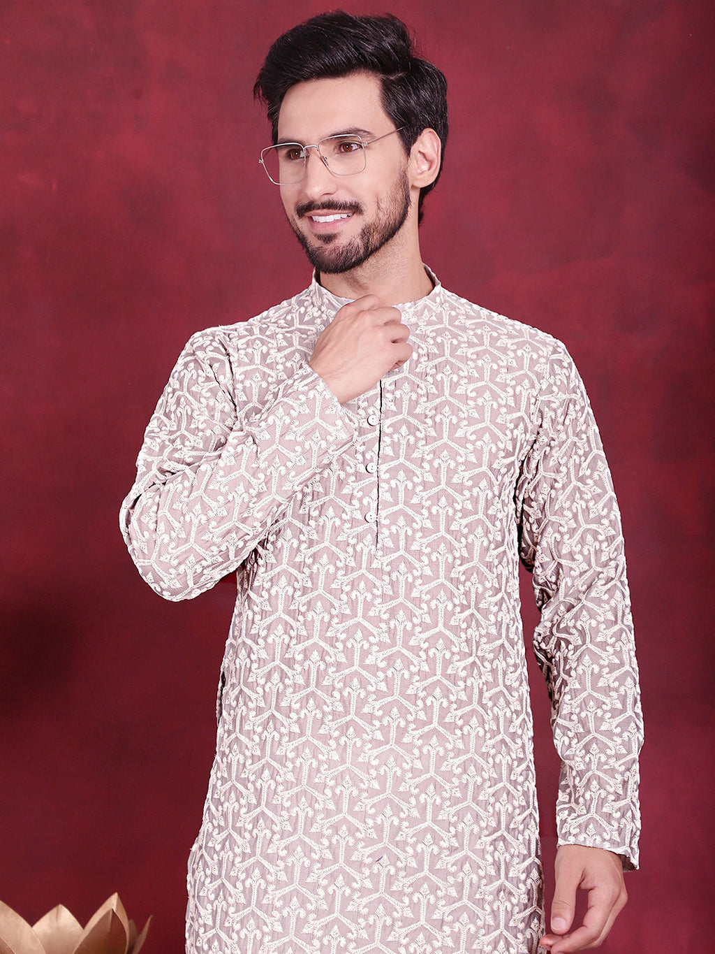 Jompers Men's Chikankari Embroidered Kurta Pyjama Set - Grey | Grocsy