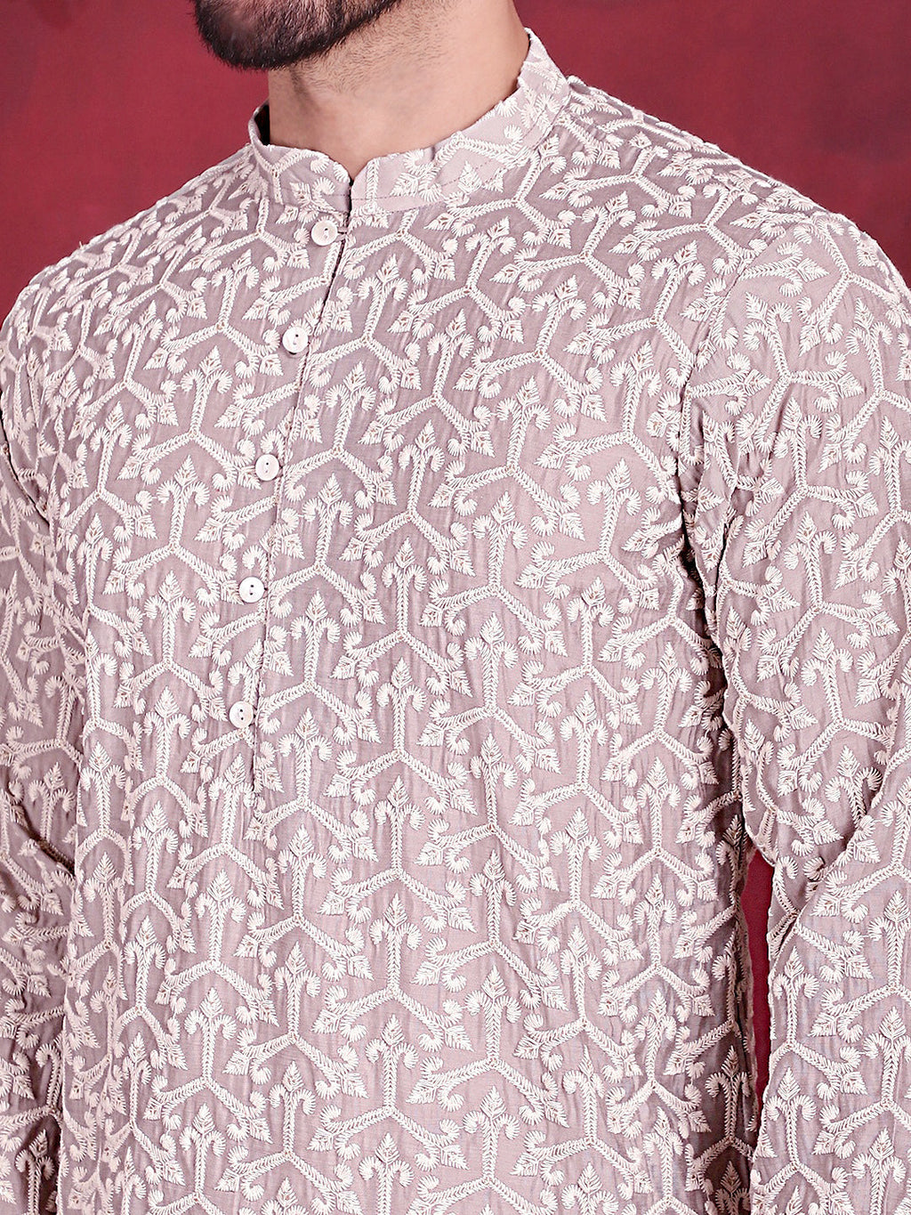 Jompers Men's Chikankari Embroidered Kurta Pyjama Set - Grey | Grocsy