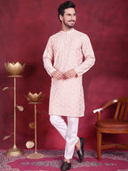 Jompers Men's Chikankari Embroidered Kurta Pyjama Set - Pink | Grocsy