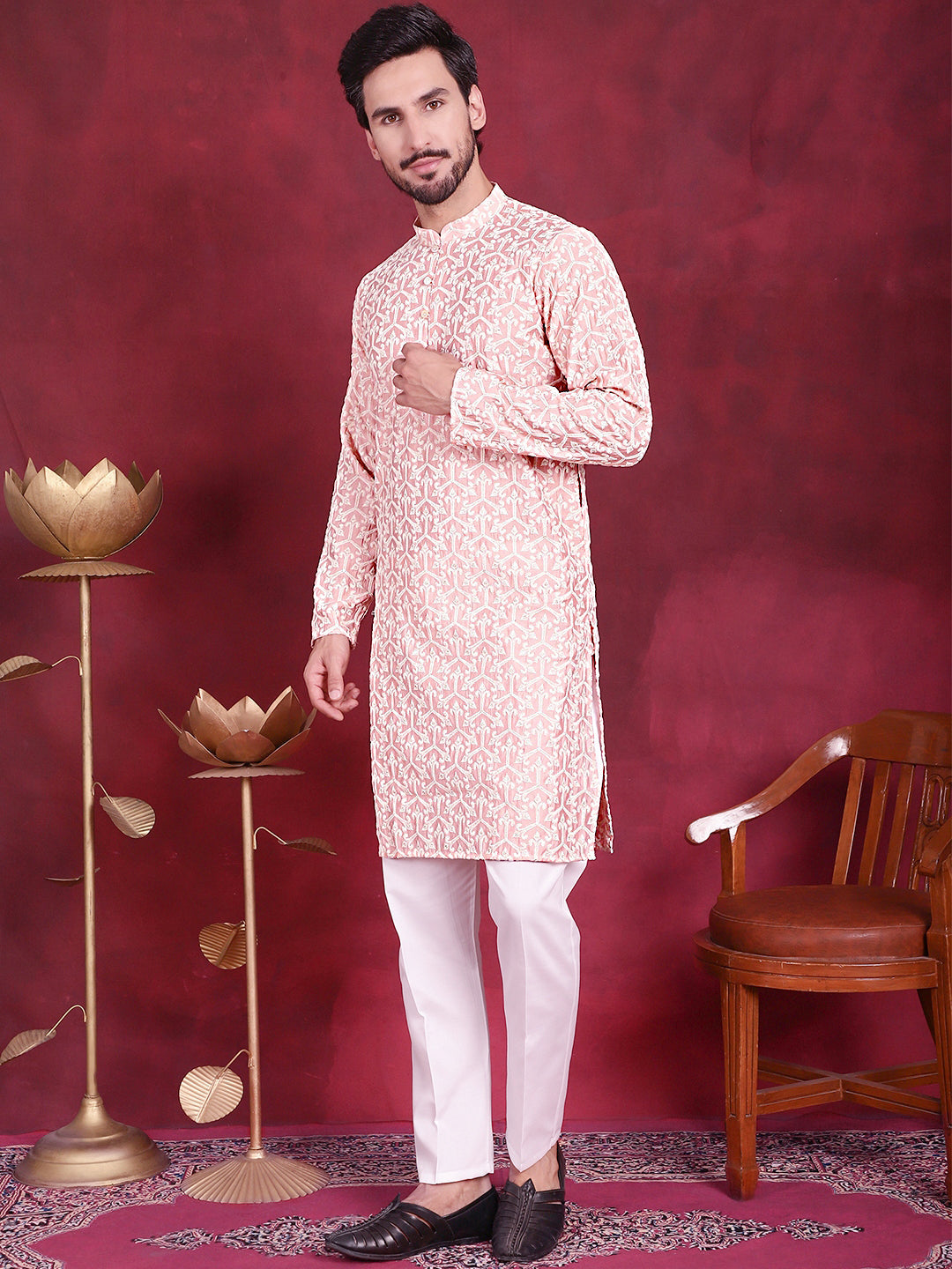 Jompers Men's Chikankari Embroidered Kurta Pyjama Set - Pink | Grocsy