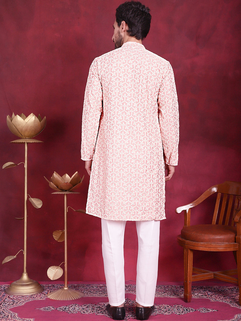 Jompers Men's Chikankari Embroidered Kurta Pyjama Set - Pink | Grocsy