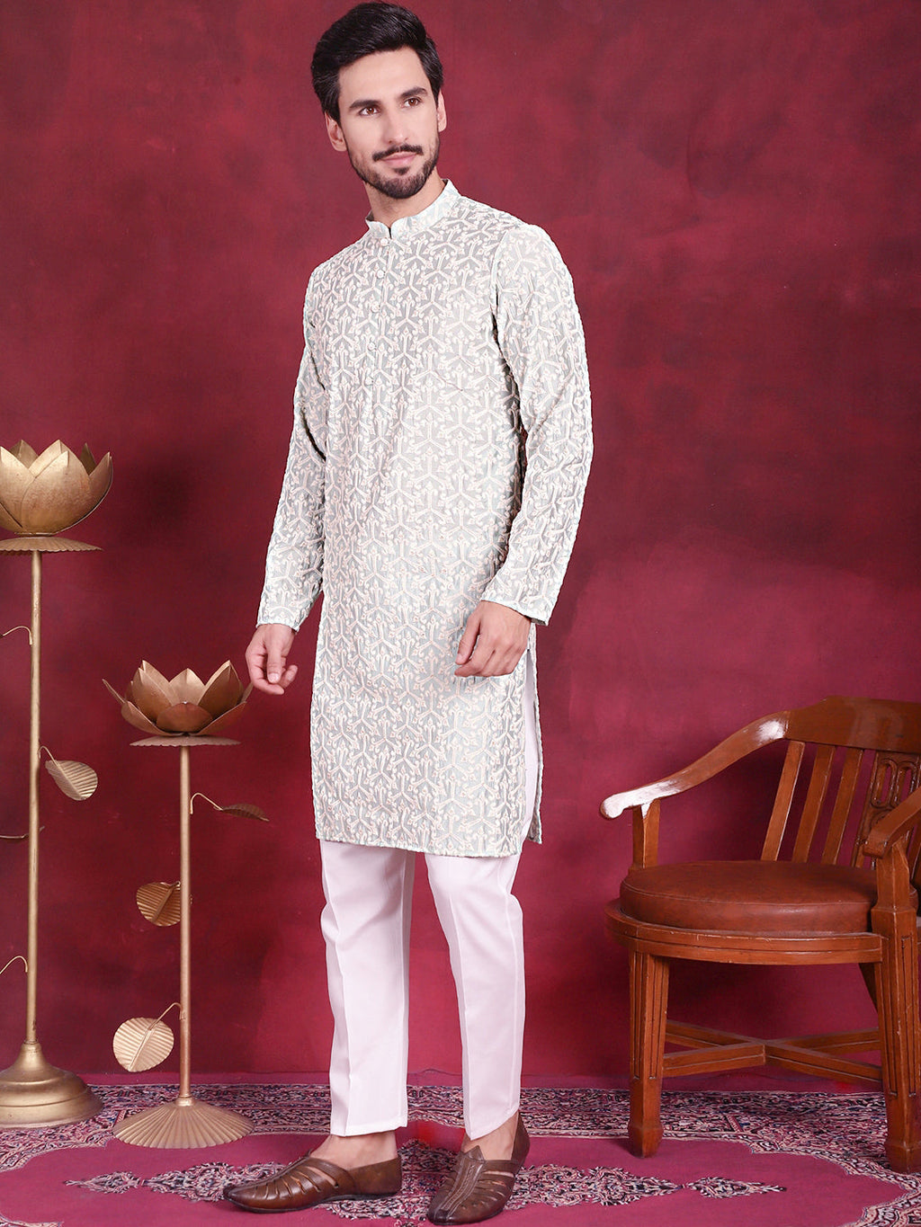 Jompers Men's Chikankari Embroidered Kurta Pyjama Set - Pista | Grocsy
