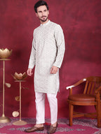 Jompers Men's Chikankari Embroidered Kurta Pyjama Set - Pista | Grocsy