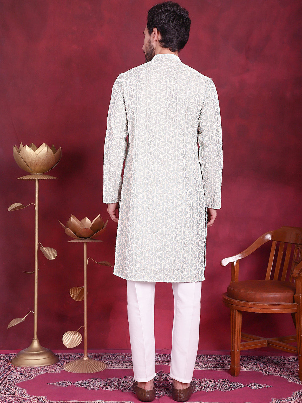 Jompers Men's Chikankari Embroidered Kurta Pyjama Set - Pista | Grocsy