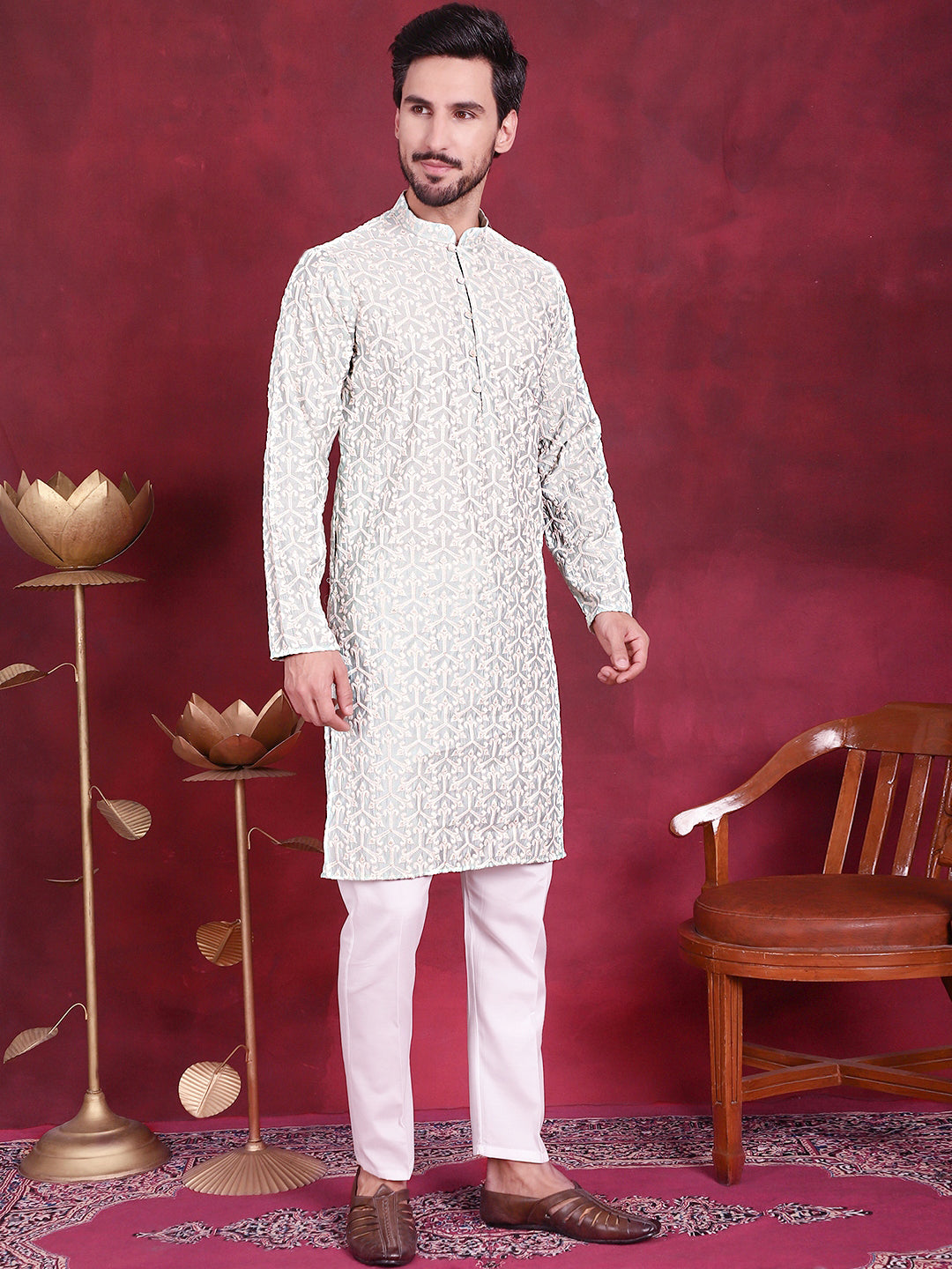 Jompers Men's Chikankari Embroidered Kurta Pyjama Set - Pista | Grocsy