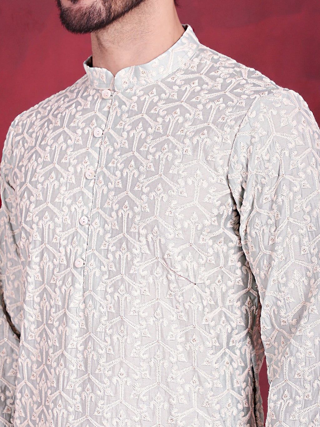 Jompers Men's Chikankari Embroidered Kurta Pyjama Set - Pista | Grocsy