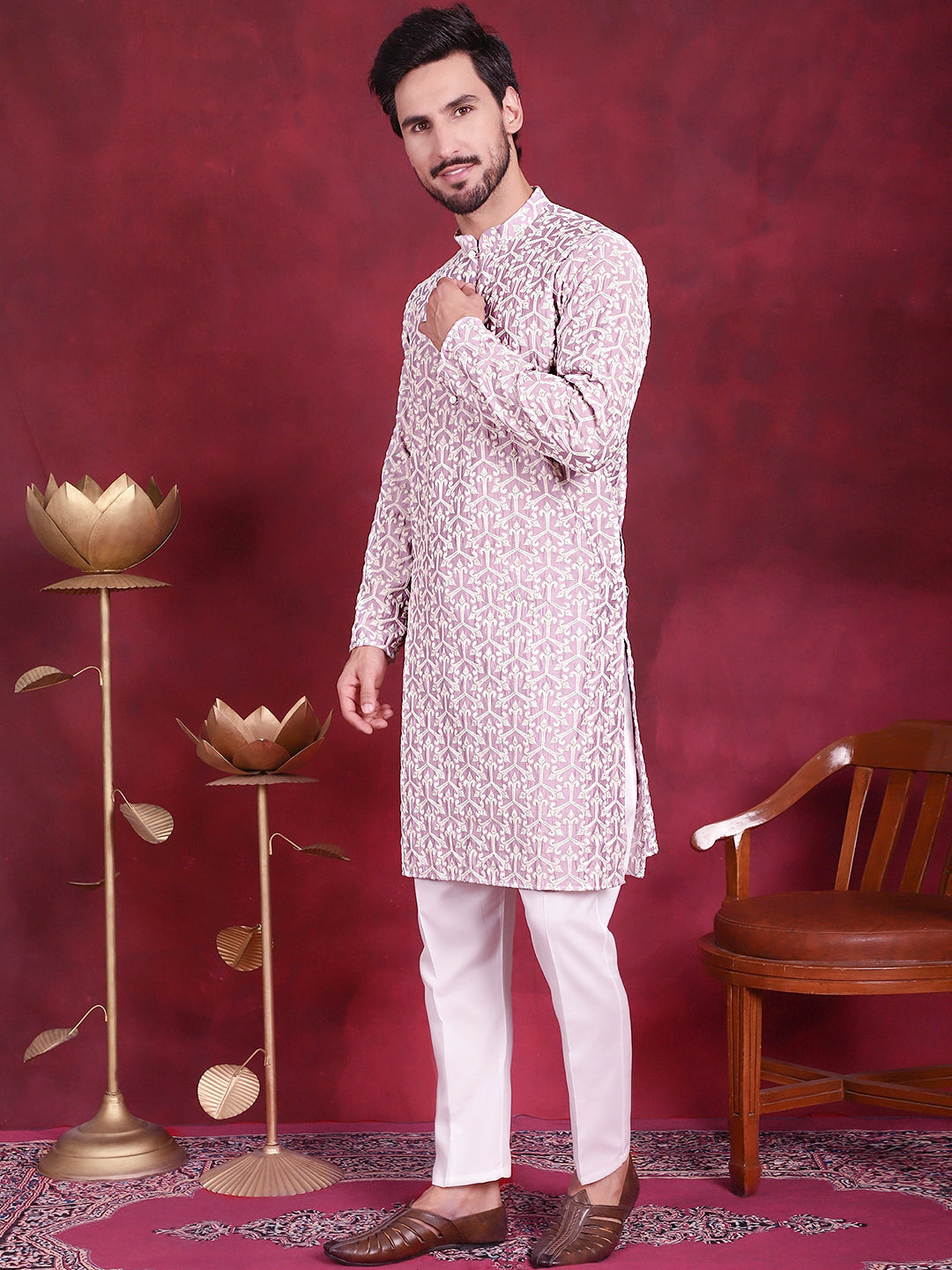 Jompers Men's Chikankari Embroidered Kurta Pyjama Set - Purple | Grocsy