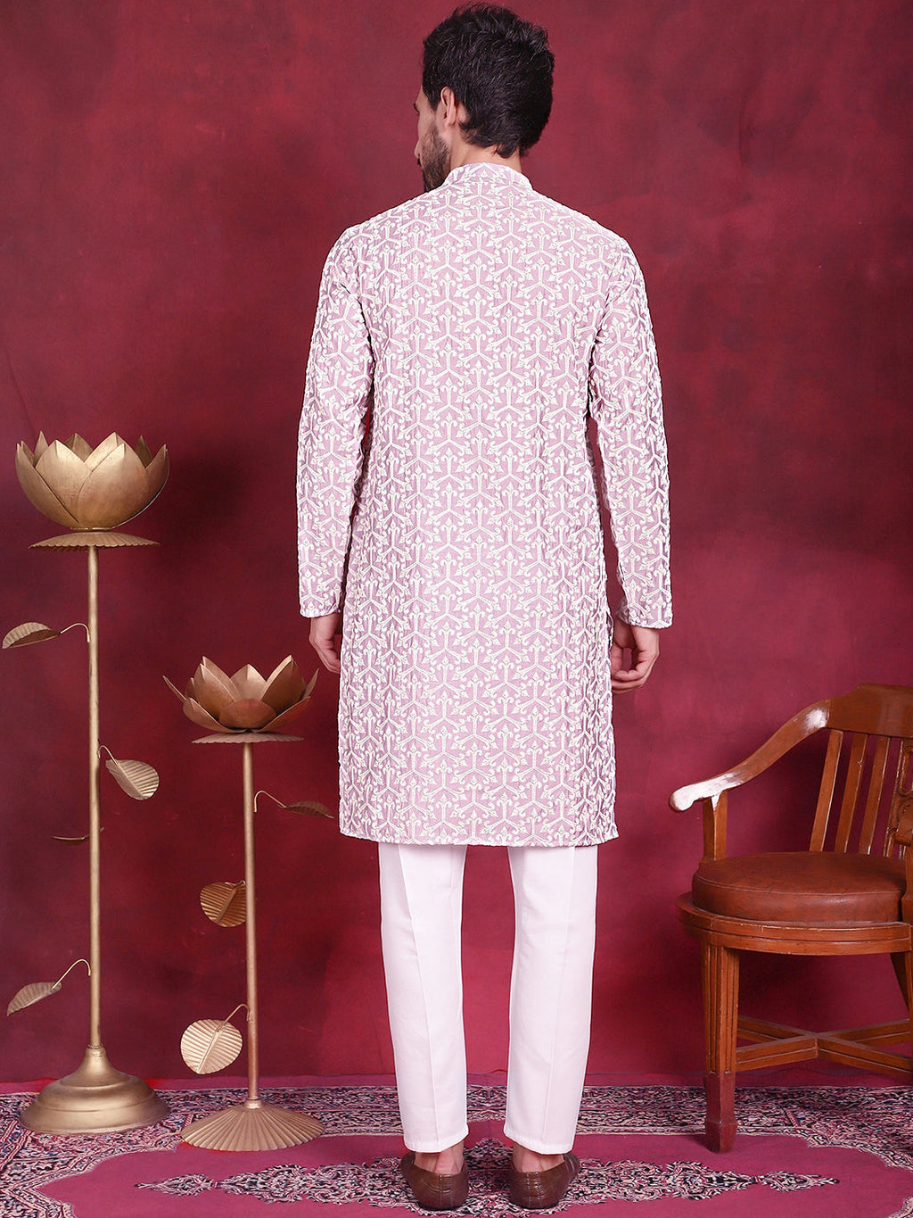 Jompers Men's Chikankari Embroidered Kurta Pyjama Set - Purple | Grocsy