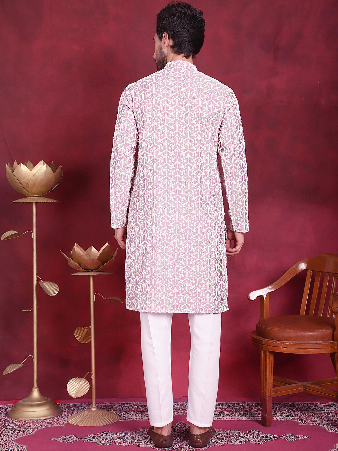 Jompers Men's Chikankari Embroidered Kurta Pyjama Set - Purple | Grocsy