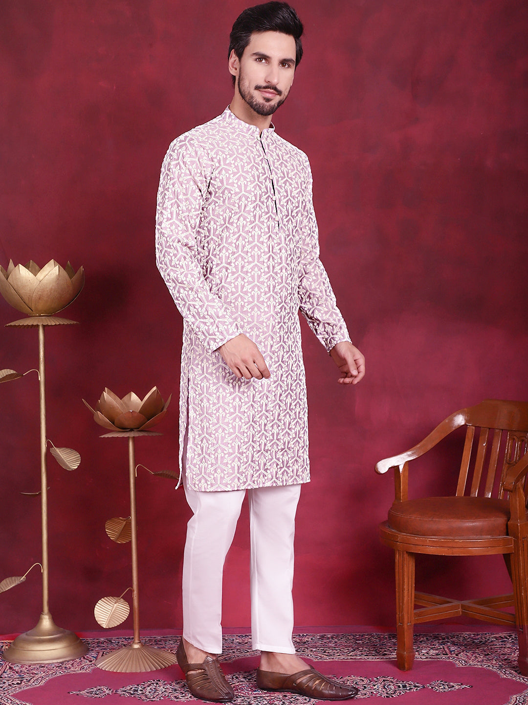 Jompers Men's Chikankari Embroidered Kurta Pyjama Set - Purple | Grocsy