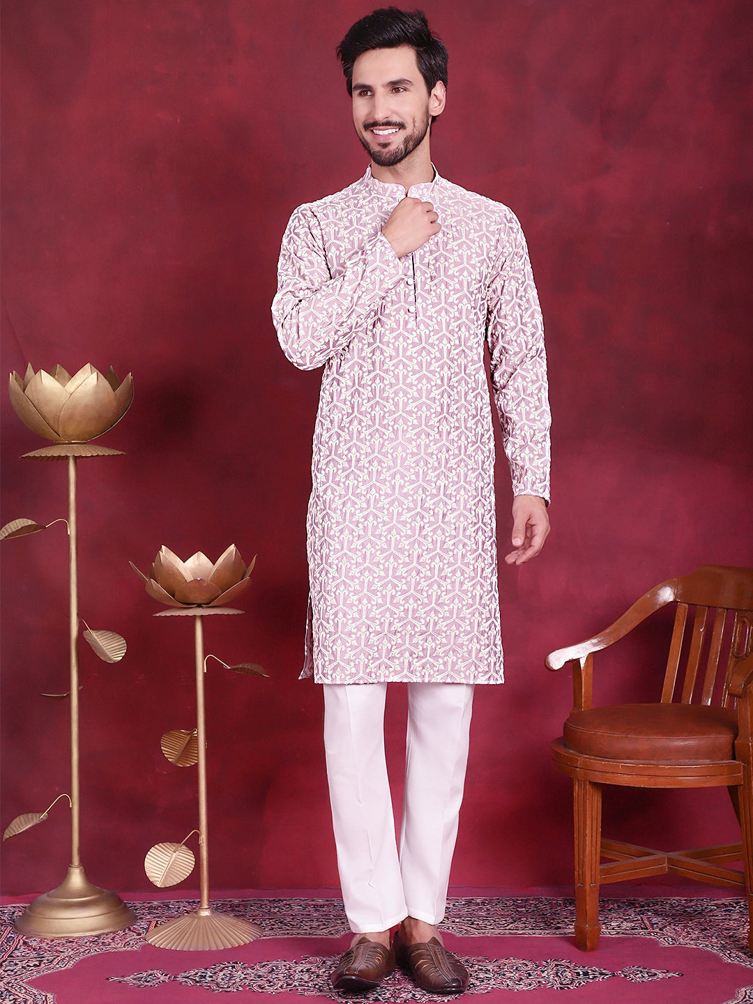 Jompers Men's Chikankari Embroidered Kurta Pyjama Set - Purple | Grocsy