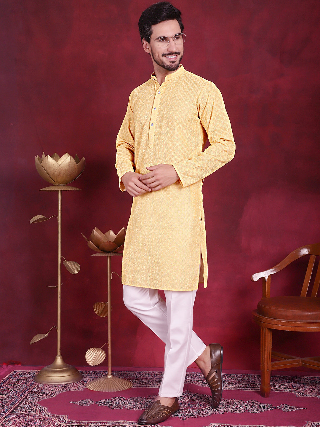 Jompers Men's Chikankari Embroidered Kurta Pyjama Set - Beige | Grocsy