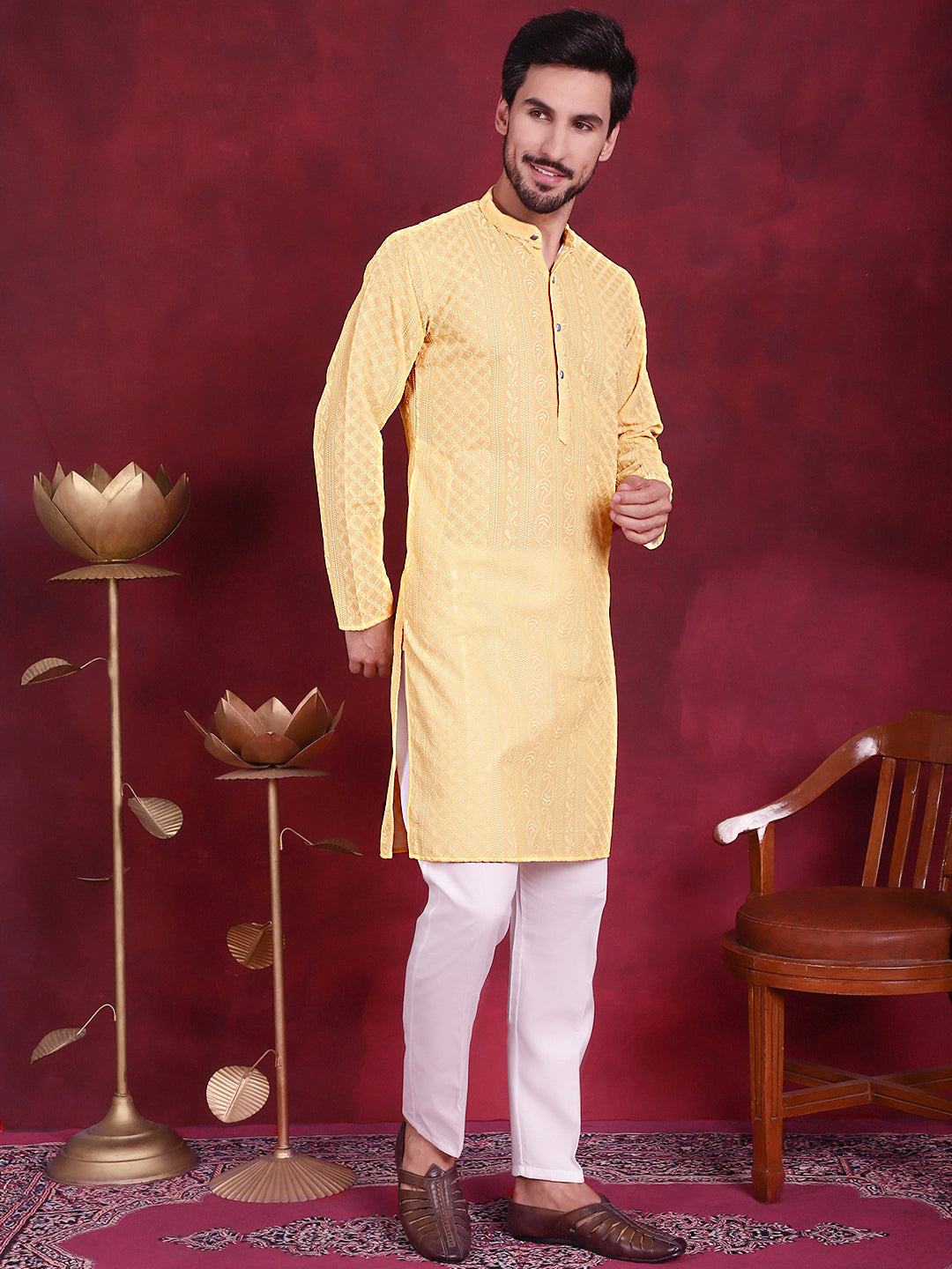 Jompers Men's Chikankari Embroidered Kurta Pyjama Set - Beige | Grocsy