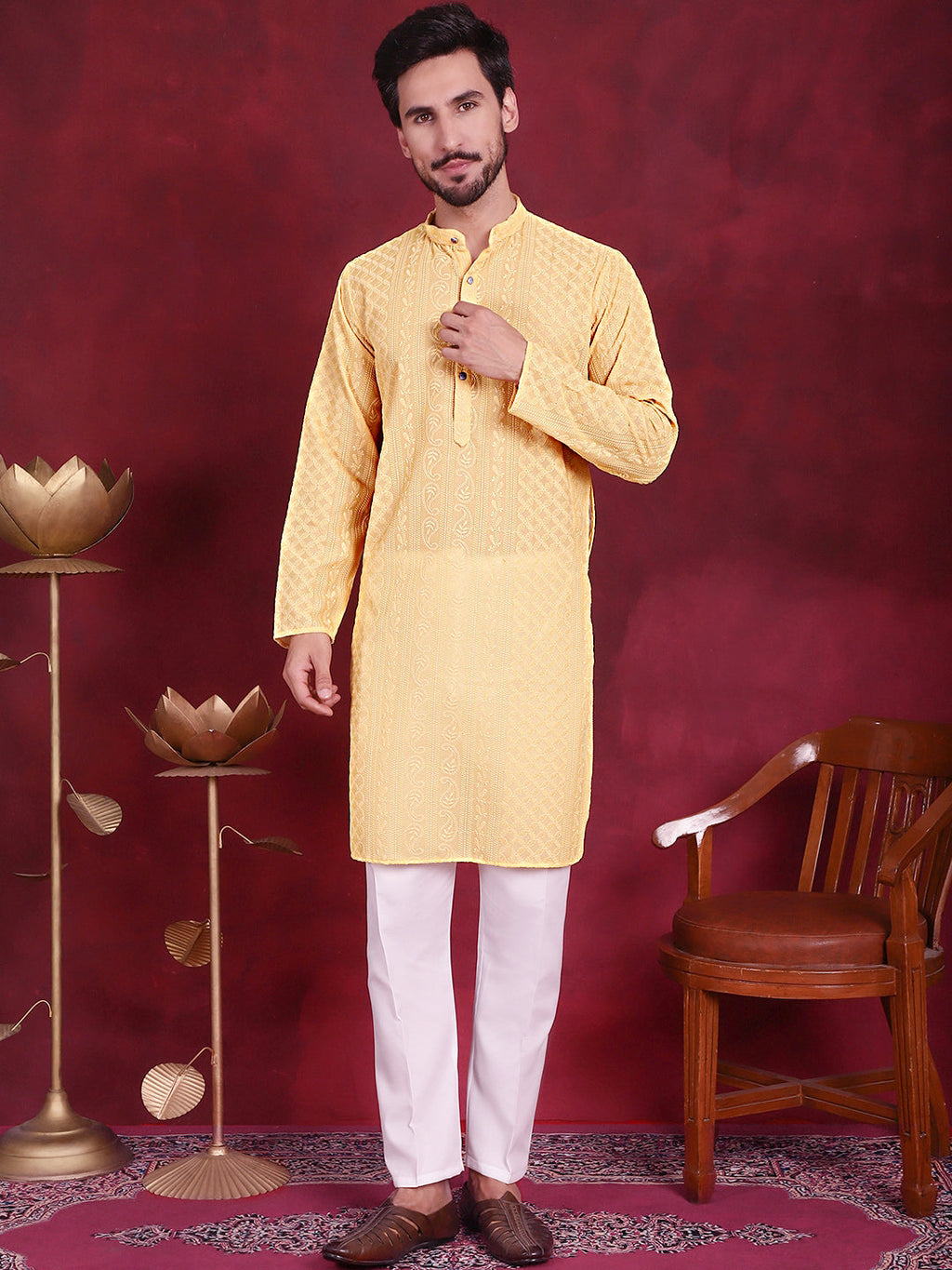 Jompers Men's Chikankari Embroidered Kurta Pyjama Set - Beige | Grocsy