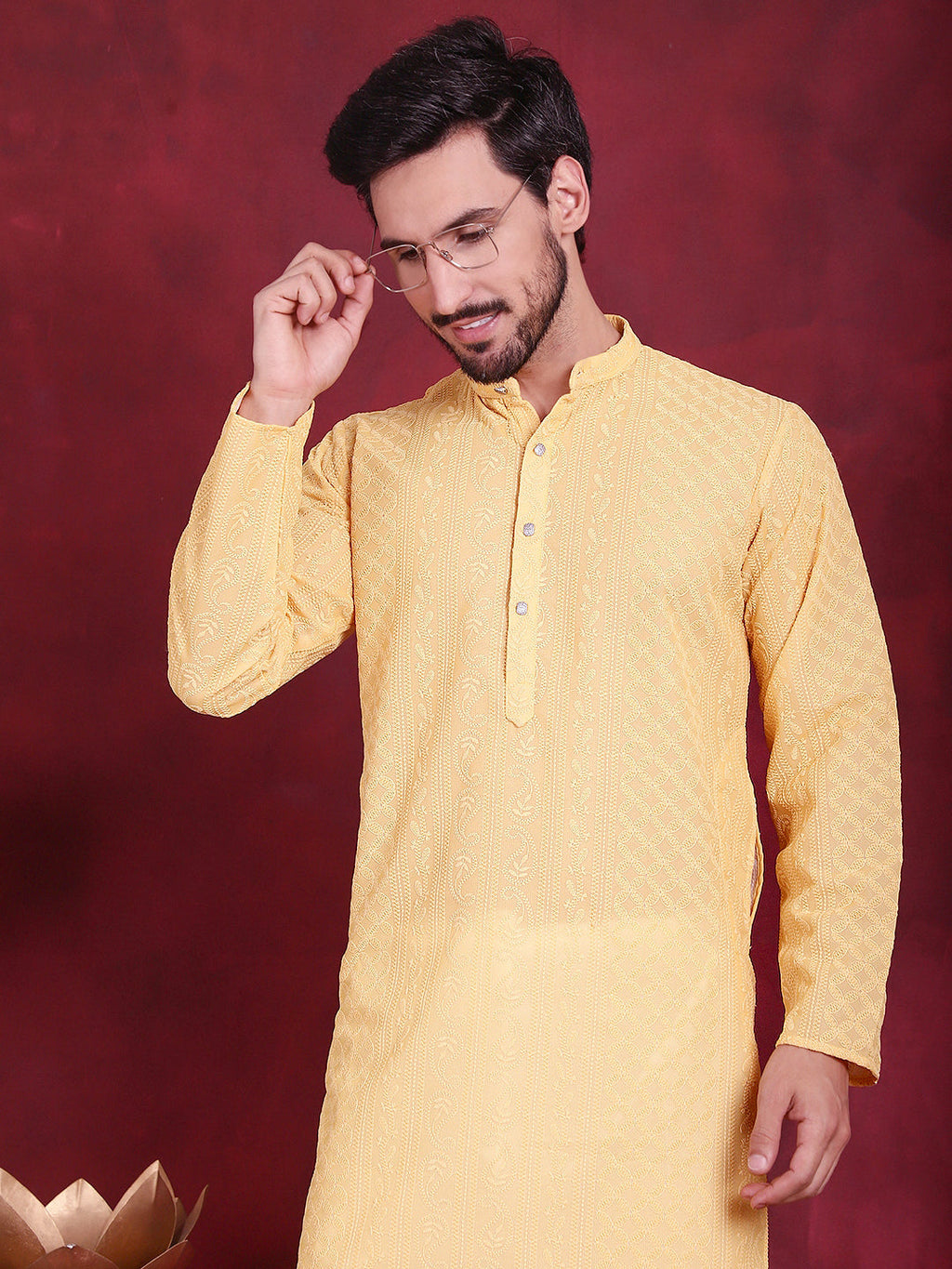 Jompers Men's Chikankari Embroidered Kurta Pyjama Set - Beige | Grocsy
