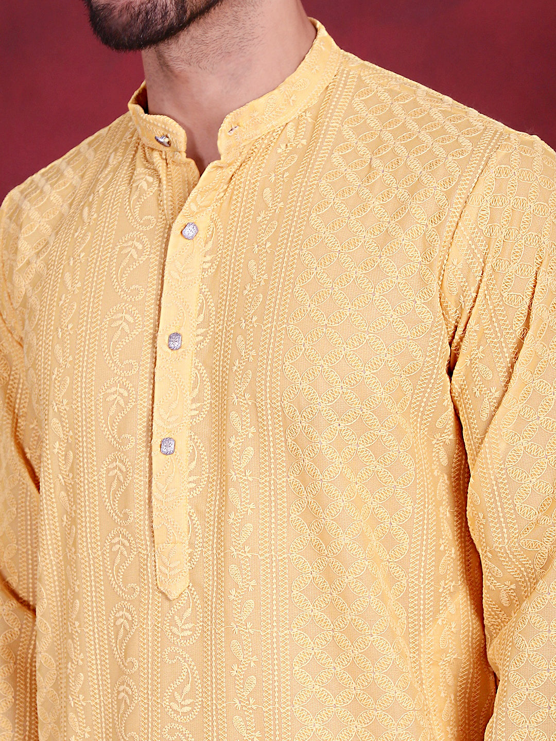 Jompers Men's Chikankari Embroidered Kurta Pyjama Set - Beige | Grocsy