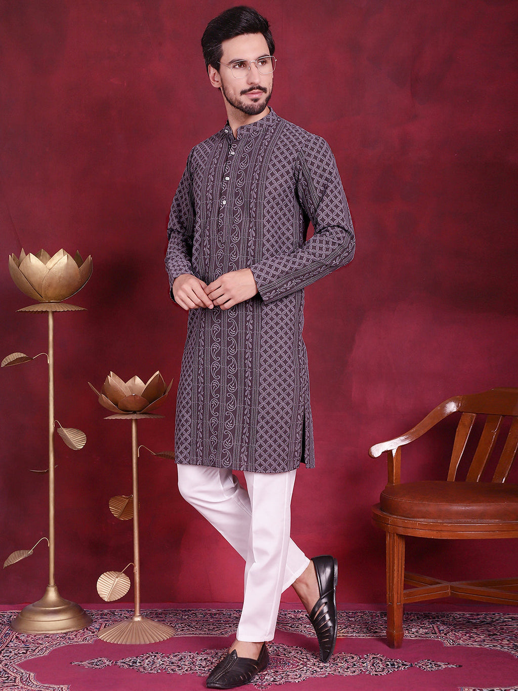 Jompers Men's Chikankari Embroidered Kurta Pyjama Set - Grey | Grocsy