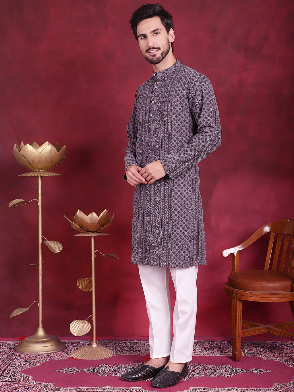 Jompers Men's Chikankari Embroidered Kurta Pyjama Set - Grey | Grocsy