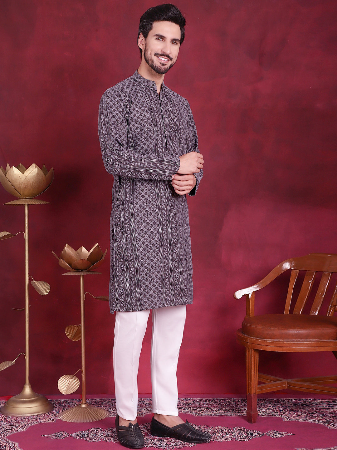 Jompers Men's Chikankari Embroidered Kurta Pyjama Set - Grey | Grocsy