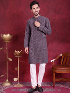 Jompers Men's Chikankari Embroidered Kurta Pyjama Set - Grey | Grocsy