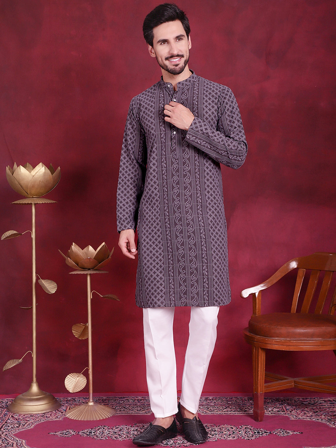 Jompers Men's Chikankari Embroidered Kurta Pyjama Set - Grey | Grocsy