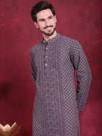 Jompers Men's Chikankari Embroidered Kurta Pyjama Set - Grey | Grocsy