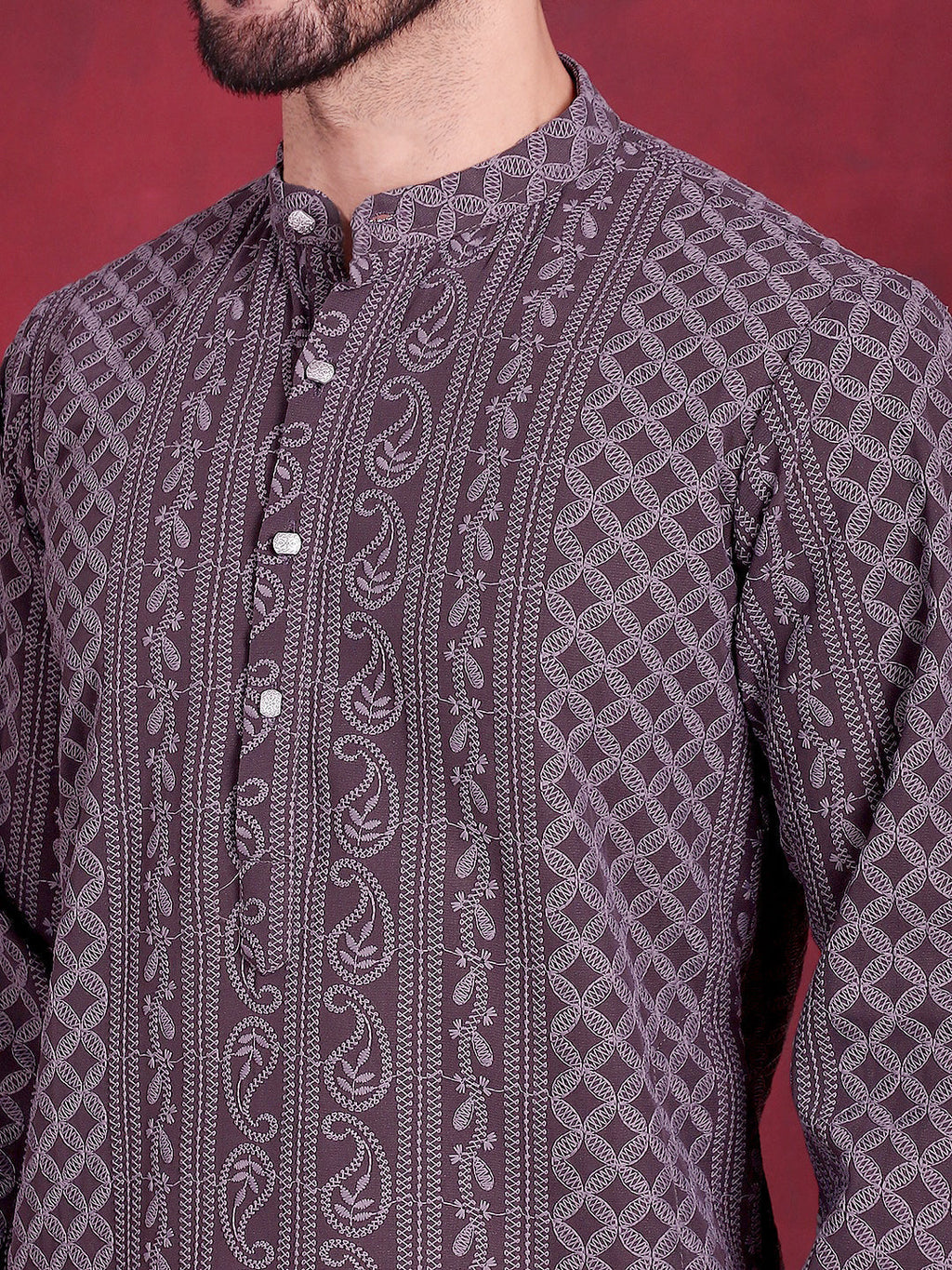 Jompers Men's Chikankari Embroidered Kurta Pyjama Set - Grey | Grocsy