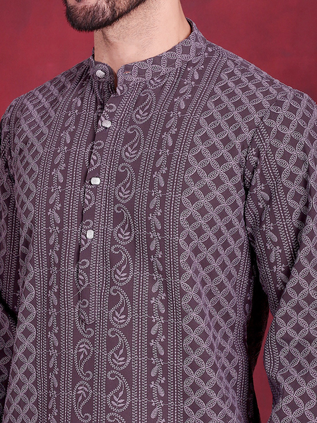 Jompers Men's Chikankari Embroidered Kurta Pyjama Set - Grey | Grocsy