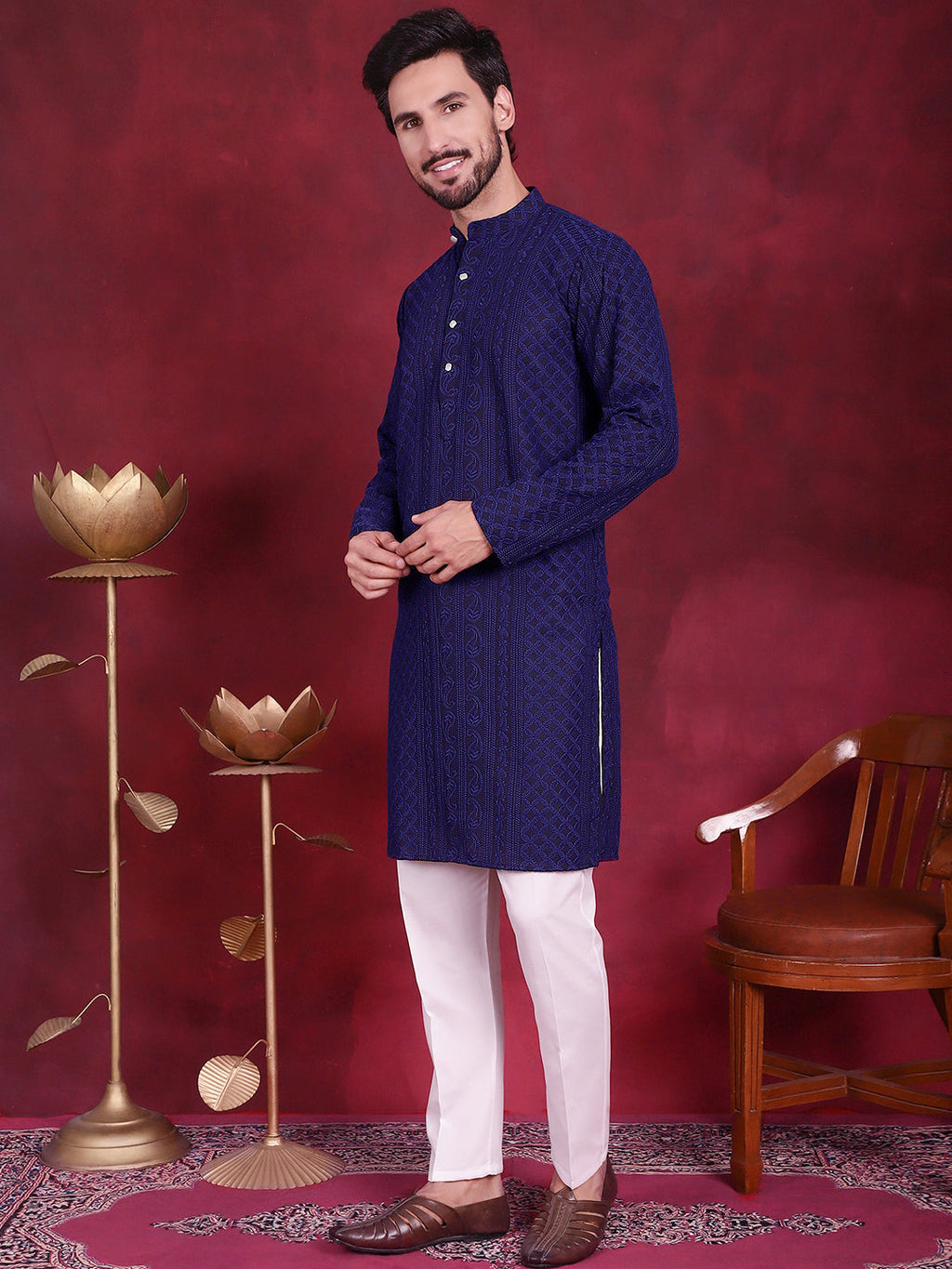Jompers Men's Chikankari Embroidered Kurta Pyjama Set - Navy Blue | Grocsy