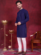 Jompers Men's Chikankari Embroidered Kurta Pyjama Set - Navy Blue | Grocsy